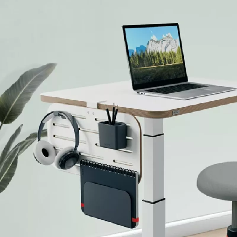 Leitz Organizador de escritorio con panel perforado Ergo Small, 42x25 cm, MDF, plástico reciclado, caucho, blanco, montaje con abrazadera, Letter, papel, imagen, 450 x 61 x 330 mm, 450 mm