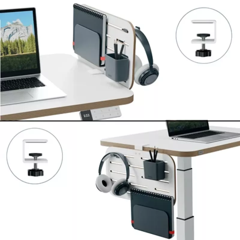 Leitz Organizador de escritorio con panel perforado Ergo Small, 42x25 cm, MDF, plástico reciclado, caucho, blanco, montaje con abrazadera, Letter, papel, imagen, 450 x 61 x 330 mm, 450 mm
