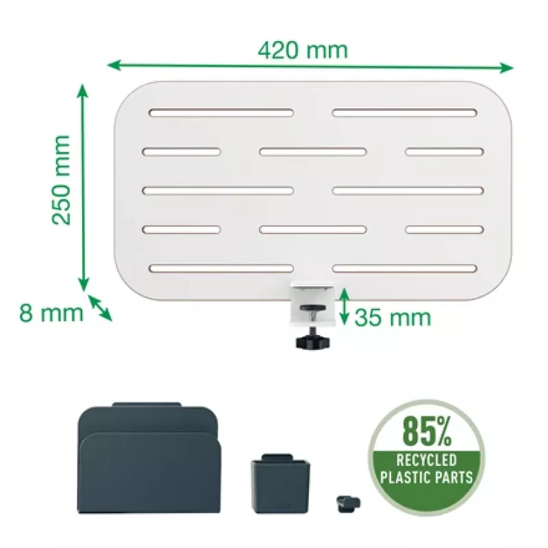 Leitz Organizador de escritorio con panel perforado Ergo Small, 42x25 cm, MDF, plástico reciclado, caucho, blanco, montaje con abrazadera, Letter, papel, imagen, 450 x 61 x 330 mm, 450 mm