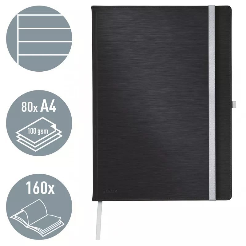 Leitz Style cuaderno A4 rayado con tapa dura, monocromático, negro, A4, 80 hojas, 100 g/m², papel rayado