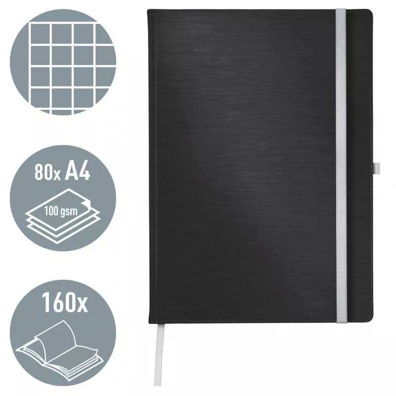 Leitz Style cuaderno A4 cuadriculado con tapa dura, monocromático, negro, A4, 80 hojas, 100 g/m², papel cuadriculado