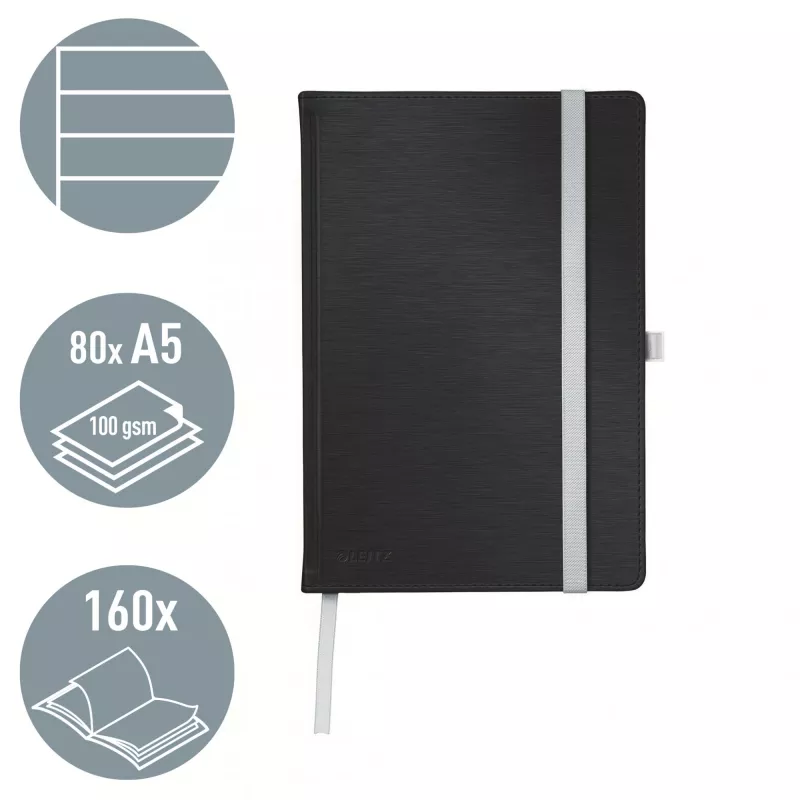 Leitz Style cuaderno A5 rayado con tapa dura, monocromático, negro, A5, 80 hojas, 100 g/m², papel rayado