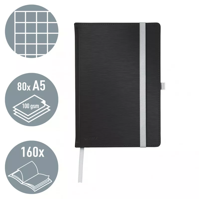 Leitz Style cuaderno A5 cuadriculado con tapa dura, monocromático, negro, A5, 80 hojas, 100 g/m², papel cuadriculado
