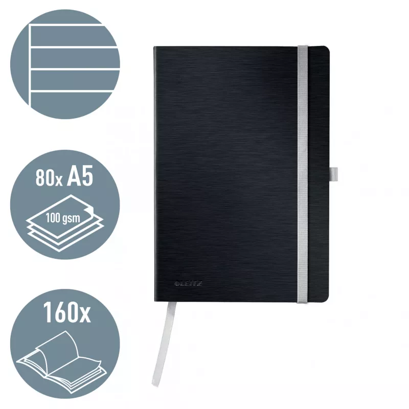 Leitz Style cuaderno A5 rayado con tapa blanda, monocromático, negro, A5, 80 hojas, 100 g/m², papel rayado