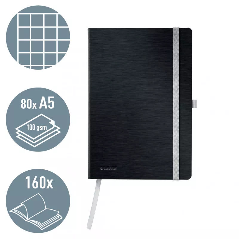 Leitz Style cuaderno A5 cuadriculado con tapa blanda, monocromático, negro, A5, 80 hojas, 100 g/m², papel cuadriculado