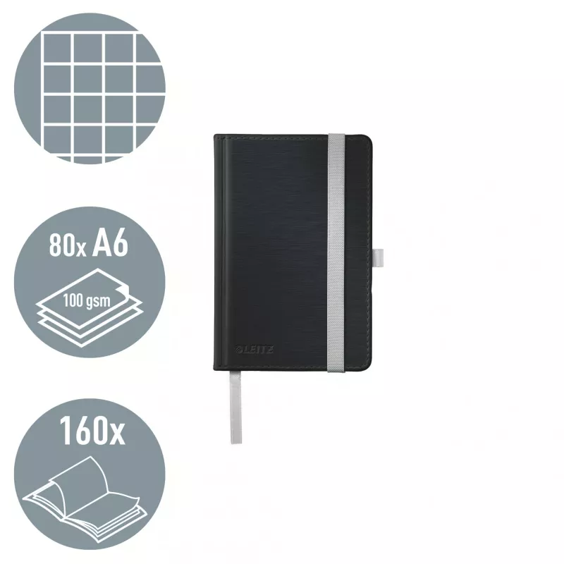 Leitz Style cuaderno A6 cuadriculado con tapa dura, monocromático, negro, A6, 80 hojas, 100 g/m², papel cuadriculado
