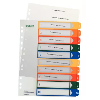 LEITZ índice de plástico, números, A4 extragrande, 1-10, imprimible para PC, transparente con pestañas de colores, PP, 10 partes (1293-00-00)