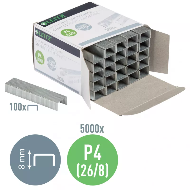 Leitz grapas Power Performance P4 26/8 caja con 5000 uds., paquete de grapas, 26/8, 8 mm, 100 grapas, fijación, 26/8