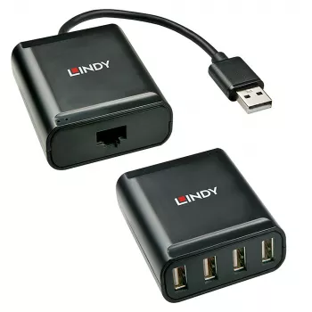 Lindy 60 m extensor USB 2.0 Cat.6 de 4 puertos, USB 2.0, RJ-45, USB 2.0, negro, metal, 52 mm, 60 mm