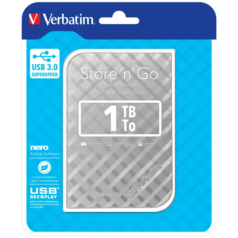 Verbatim Store 'n' Go Disco duro USB 3.0 1 TB plateado, 1 TB, 3.2 Gen 1 (3.1 Gen 1), 5400 RPM, Silver