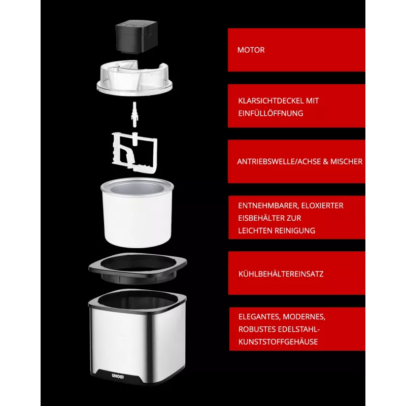 Unold Máquina de helados Gelato 1,5 L, máquina de helados tradicional, 1,5 L, 1 recipientes, negro, acero inoxidable, 30 min, LCD