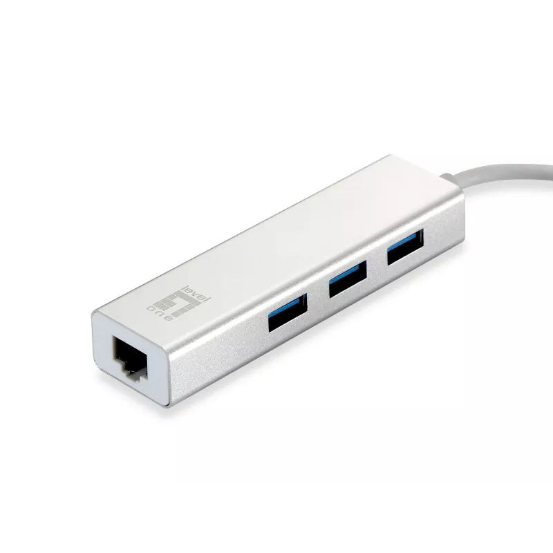 LevelOne adaptador de red Gigabit USB, hub USB, cableado, USB, Ethernet, 1000 Mbit/s, plateado, blanco