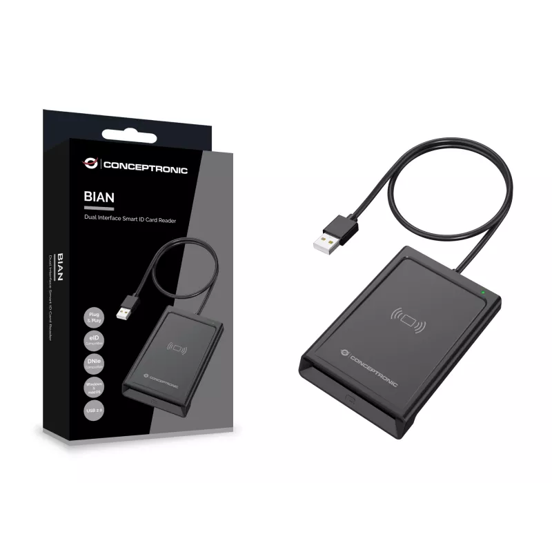 Conceptronic BIAN11B lector de tarjetas Smart-ID de doble interfaz, USB 2.0, Near Field Communication (NFC), 1 m, negro, 100 g