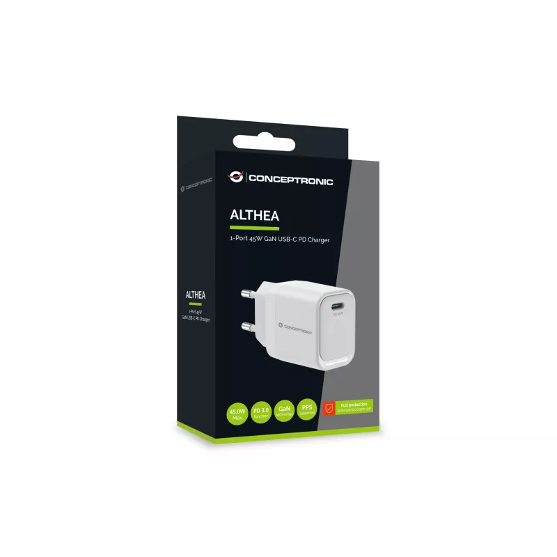 CONCEPTRONIC ALTHEA19W45 cargador GaN USB-C PD de 1 puerto 45W con PPS, PD 3.0, 100–240V, blanco