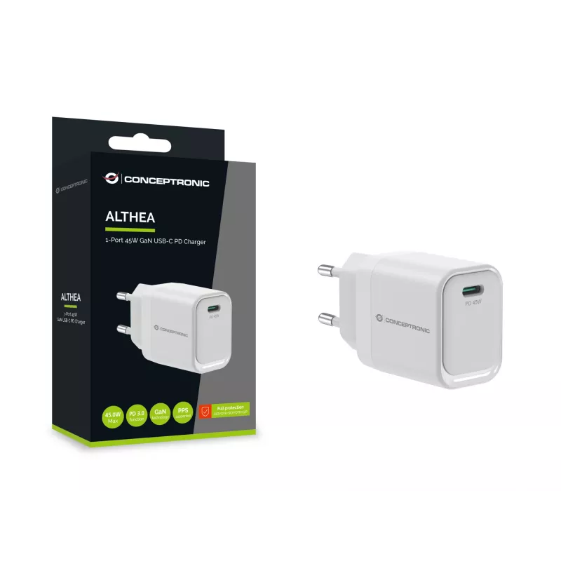 CONCEPTRONIC ALTHEA19W45 cargador GaN USB-C PD de 1 puerto 45W con PPS, PD 3.0, 100–240V, blanco