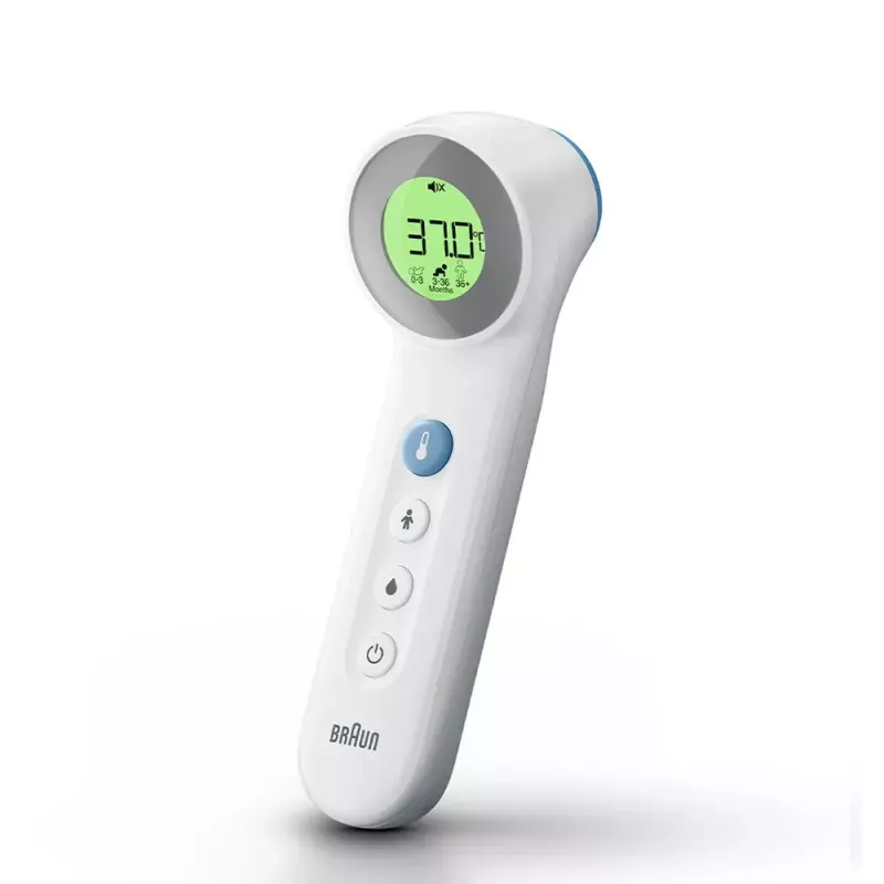 Termómetro digital de frente BRAUN BNT400 — medición a distancia, rango 34–43 °C, precisión 0,1 °C, blanco