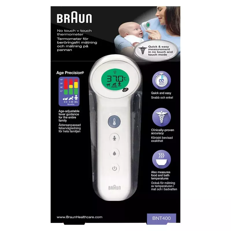 Termómetro digital de frente BRAUN BNT400 — medición a distancia, rango 34–43 °C, precisión 0,1 °C, blanco