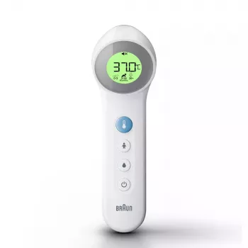 Termómetro digital de frente BRAUN BNT400 — medición a distancia, rango 34–43 °C, precisión 0,1 °C, blanco