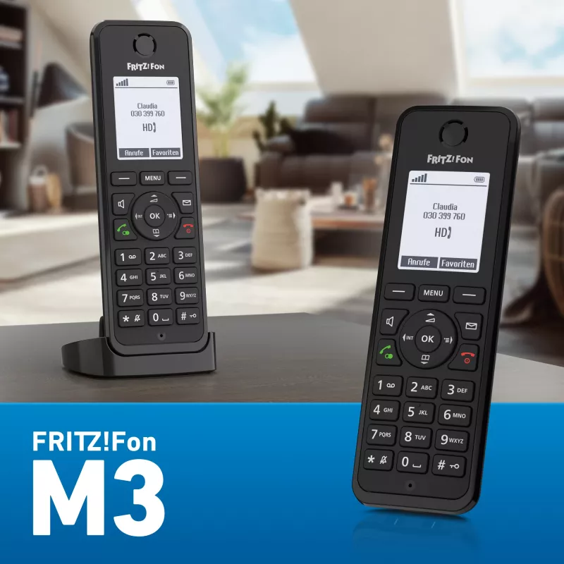 Teléfono DECT AVM FRITZ! Fon M3 International — terminal inalámbrico, identificación de llamadas, manos libres, 1 terminal, agenda de 1000 contactos