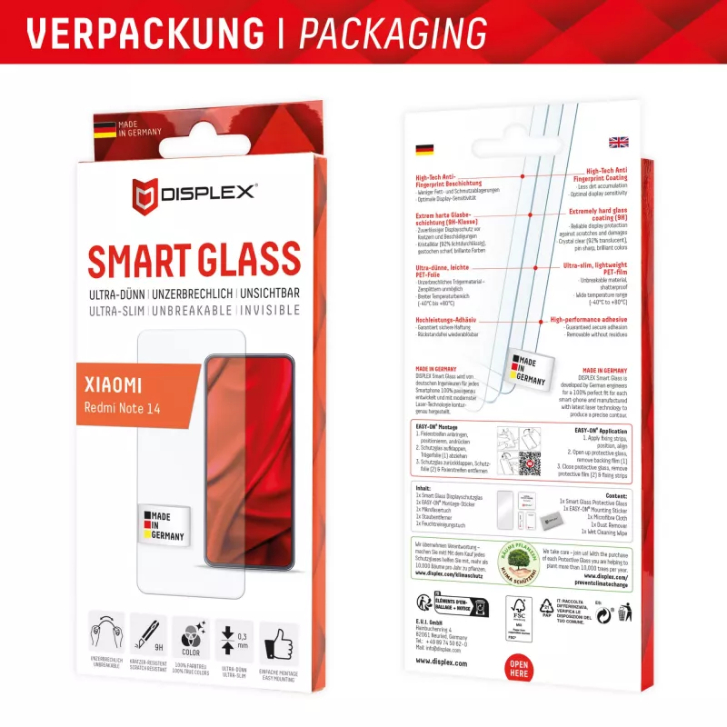 Displex Smart Glass (9H) para Xiaomi Redmi Note 14, adhesivo de montaje, irrompible
