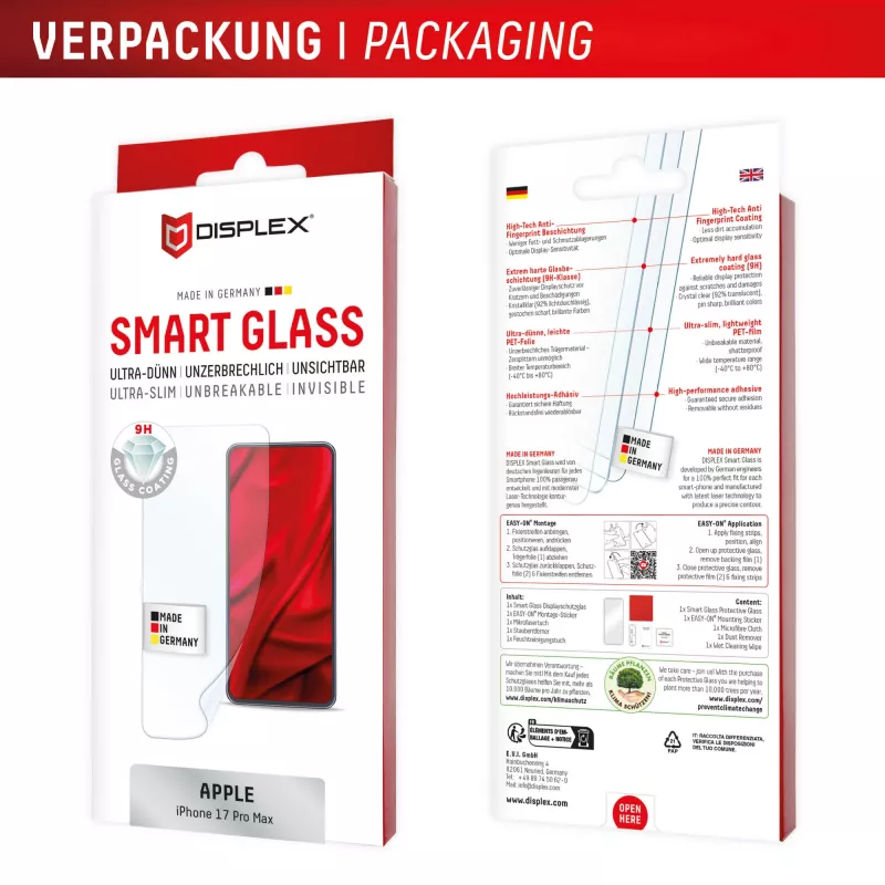 Displex Smart Glass (9H) para Apple iPhone 17 Pro Max, adhesivo de montaje, irrompible