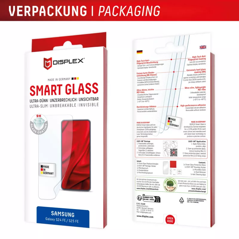 Displex Smart Glass (9H) para Samsung Galaxy S25 FE/S24 FE, adhesivo de montaje, irrompible