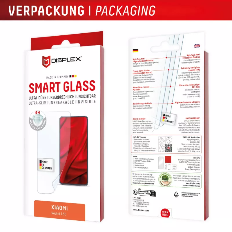 e.v.i. DISPLEX Smart Glass para Xiaomi Redmi 15C — lámina de cristal templado, modelo 02198