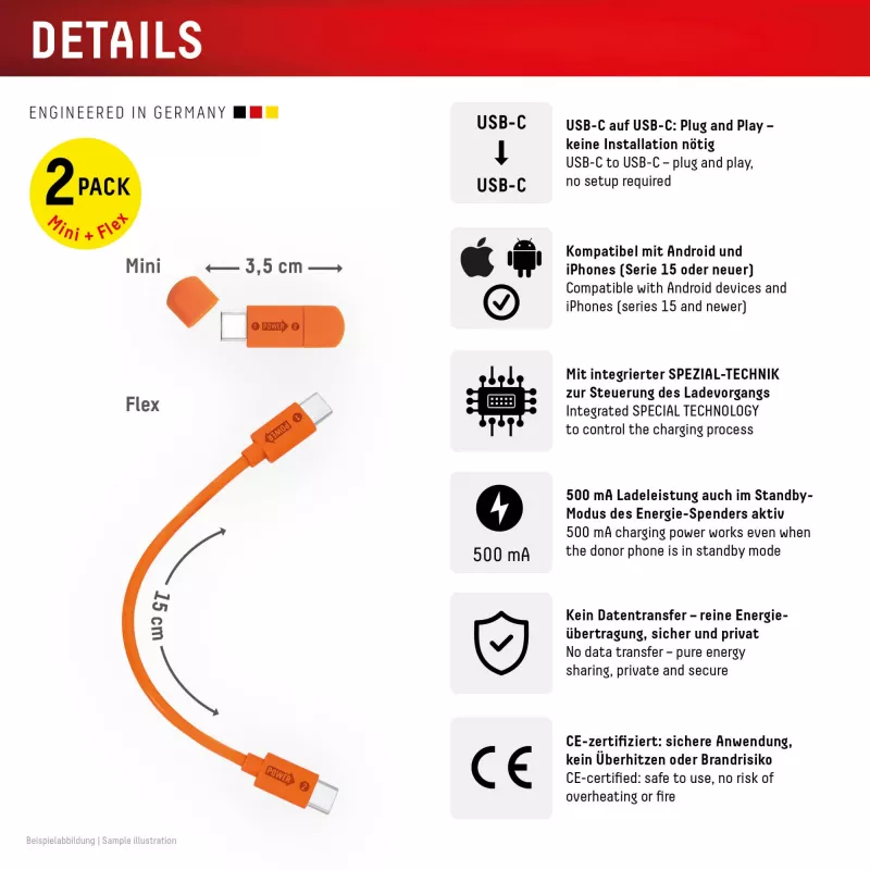 Displex cargador de emergencia de teléfono a teléfono, USB-C a USB-C, conector mini + cable flex, set compacto de 2