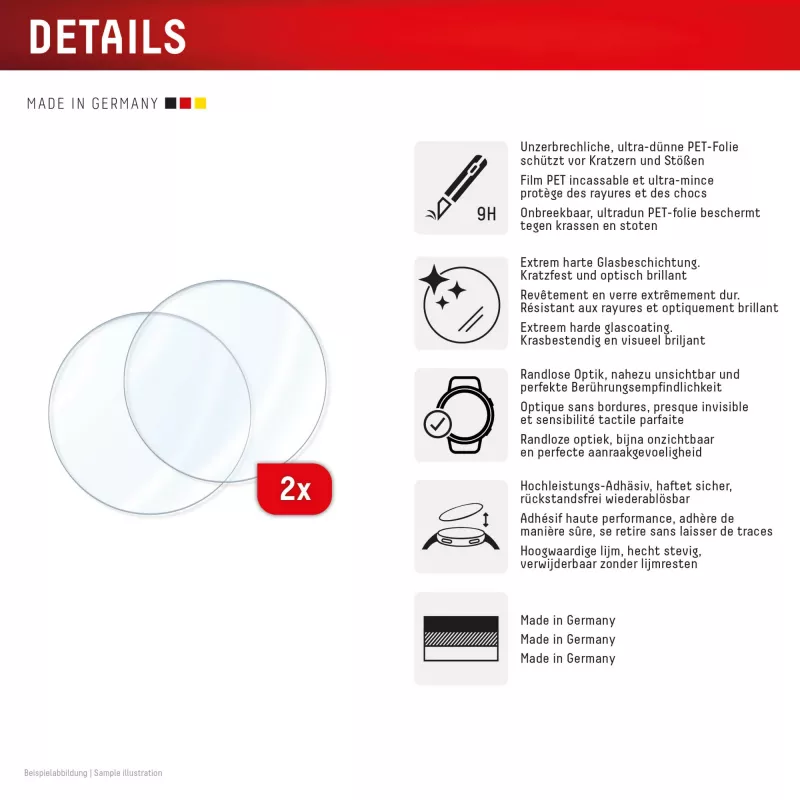 Protector de pantalla e.v.i. Displex cristal 9H para Galaxy Watch 8 40 mm, pack de 2, ultrafino, sin bordes, anti-huellas