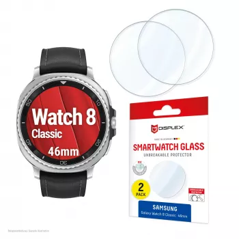 Protector de pantalla e.v.i. Displex cristal 9H para Galaxy Watch 8 (46 mm) – pack de 2, ultrafino, sin bordes, anti-huellas