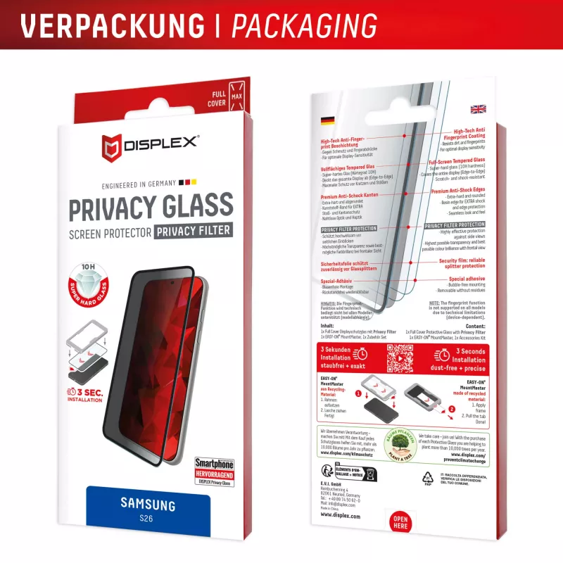 Displex protector de pantalla de cristal con filtro de privacidad (10H) para Samsung S26, filtro de privacidad