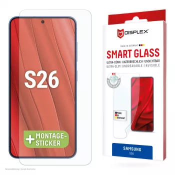Displex Smart Glass (9H) para Samsung S26, irrompible, Samsung, Galaxy S26, aplicación en seco, resistente a roturas, antiadherente a la suciedad, resistente a arañazos, transparente, 1 ud.