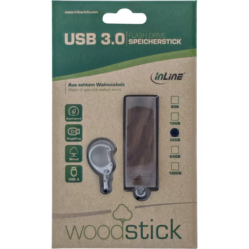 InLine unidad flash USB 3.0, Woodline nogal, con llavero, 32 GB
