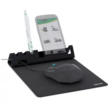 Alfombrilla InLine 55261 — base de goma multifuncional con soporte para smartphone y bolígrafo, 250×? mm, negra