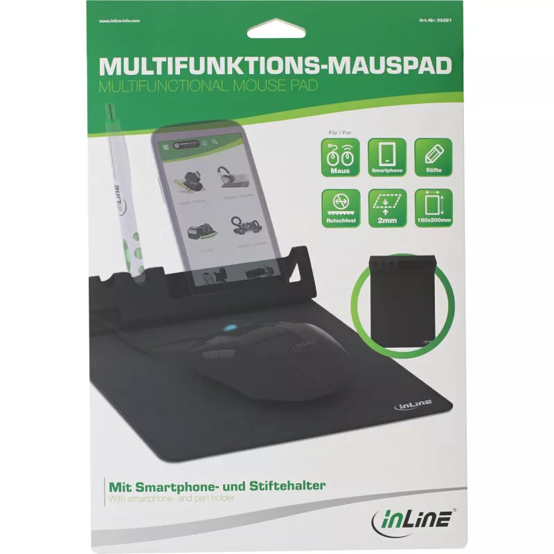 Alfombrilla InLine 55261 — base de goma multifuncional con soporte para smartphone y bolígrafo, 250×? mm, negra