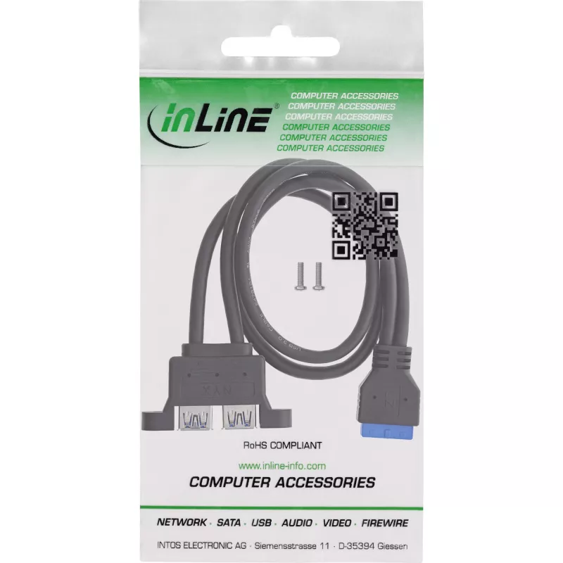 InLine 33390K cable USB 3.2 Gen 1 interno, placa base a 2x conector hembra USB-A, 0,45 m