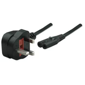 Manhattan Cable de alimentación, conector macho UK de 3 polos a conector hembra C7 (conector de aparato), 1,8 m, 13 A, Negro, Cable, Garantía de por vida