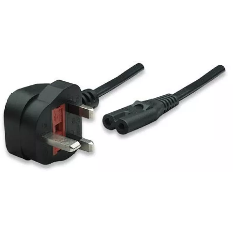 Manhattan Cable de alimentación, conector macho UK de 3 polos a conector hembra C7 (conector de aparato), 1,8 m, 13 A, Negro, Cable, Garantía de por vida