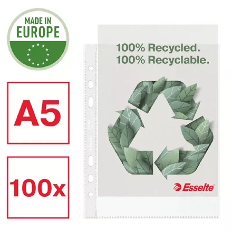 Esselte funda reciclada A5, 150 x 210 mm (A5), transparente, polipropileno (PP), horizontal/vertical, apertura superior, 0,07 mm