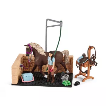 schleich HORSE CLUB Zona de lavado con Emily y Luna, animal, cuadra, caballos, 5 años, multicolor, plástico