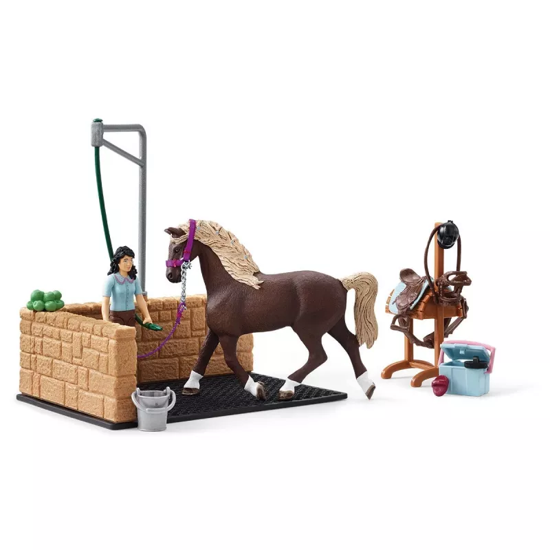 schleich HORSE CLUB Zona de lavado con Emily y Luna, animal, cuadra, caballos, 5 años, multicolor, plástico