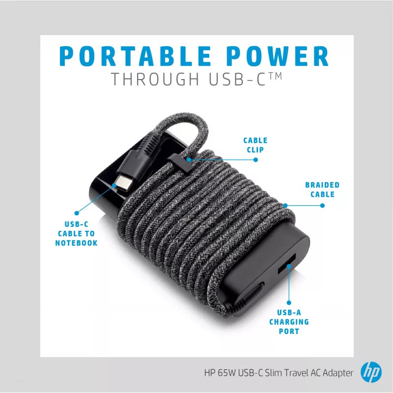 HP 65W USB-C fuente de alimentación de viaje fina, portátil, universal, 90 V, 47 - 63 Hz, 65 W, 20 V