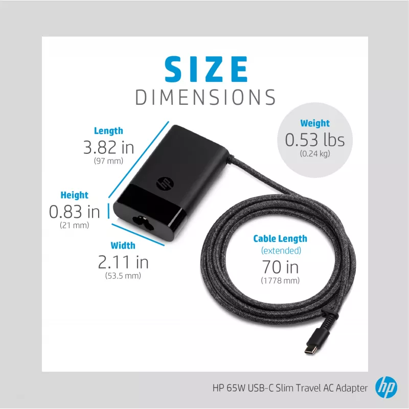 HP 65W USB-C fuente de alimentación de viaje fina, portátil, universal, 90 V, 47 - 63 Hz, 65 W, 20 V