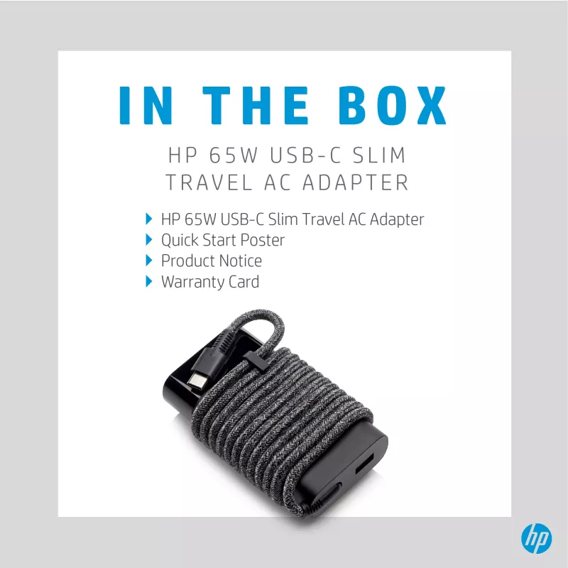 HP 65W USB-C fuente de alimentación de viaje fina, portátil, universal, 90 V, 47 - 63 Hz, 65 W, 20 V