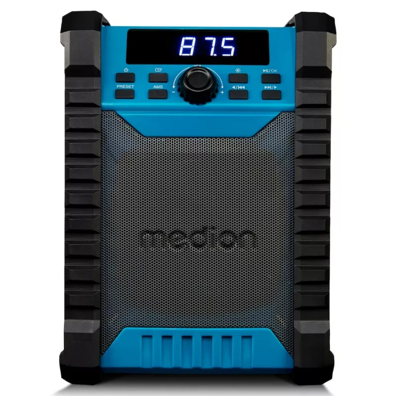 Radio digital portátil MEDION LIFE E65895 (MD 43895) — sintonizador PLL, 10 W RMS, LCD, Bluetooth 10 m, IP54, antena externa, negro/azul