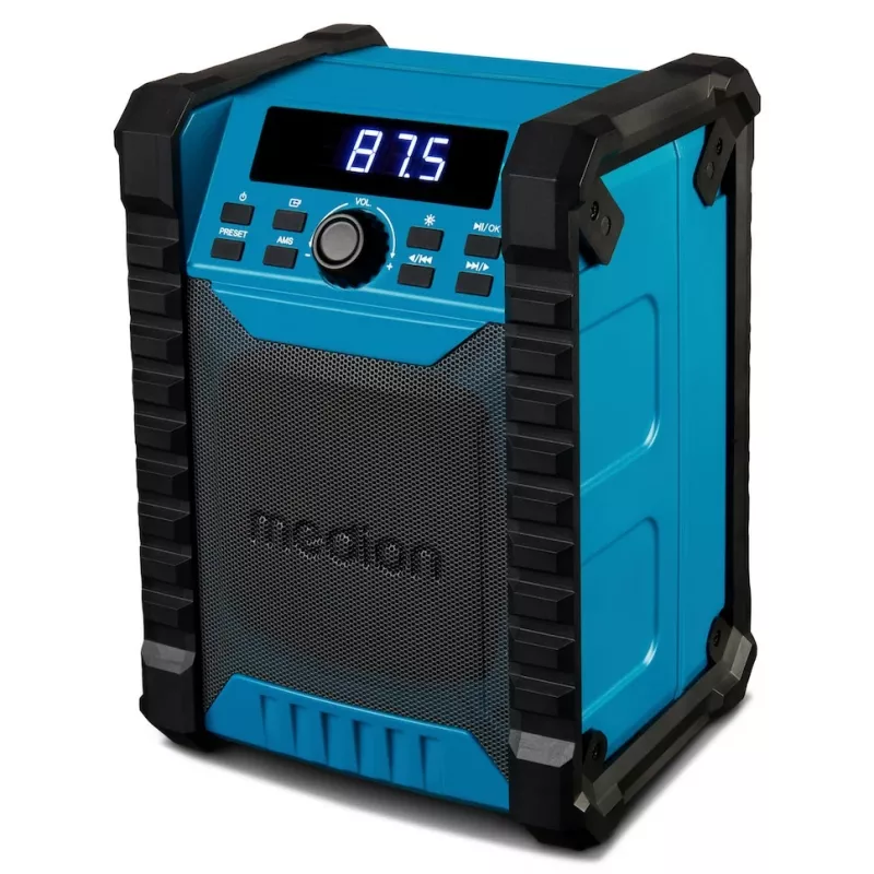 Radio digital portátil MEDION LIFE E65895 (MD 43895) — sintonizador PLL, 10 W RMS, LCD, Bluetooth 10 m, IP54, antena externa, negro/azul
