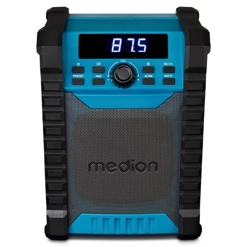 Radio digital portátil MEDION LIFE E65895 (MD 43895) — sintonizador PLL, 10 W RMS, LCD, Bluetooth 10 m, IP54, antena externa, negro/azul