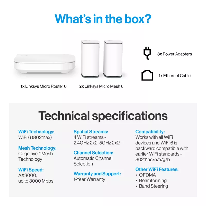 Linksys Velop Micro 6 Sistema mesh – Dual band WiFi 6 AX3000 (pack de 3)