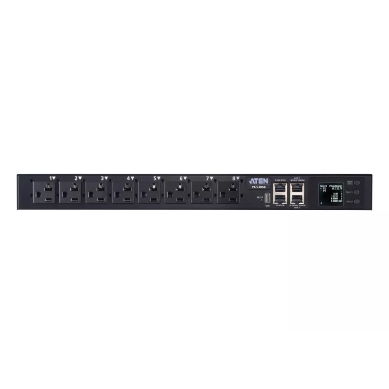 ATEN 32A 8 tomas 1HE Metered eco PDU, Metered, 1HE, negro, LCD, 8 salidas AC, conector hembra C13, conector hembra C19