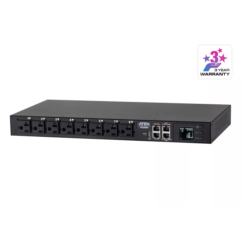 ATEN 32A 8 tomas 1HE Metered eco PDU, Metered, 1HE, negro, LCD, 8 salidas AC, conector hembra C13, conector hembra C19